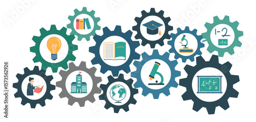 Interconnected gears symbolizing education knowledge and learning with various school icons
