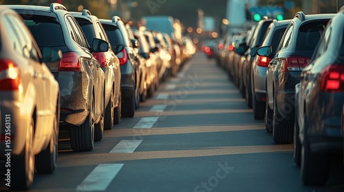 Back tail view of many cars stuck in row at highway road traffic jam warm hot sunny day at southern Europe. Automobile accident vehicle rush hour collapse. Transportation vacation seasonal stuck