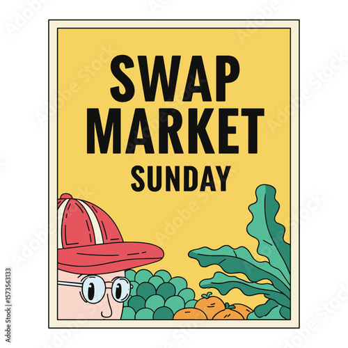 Vintage Swap Market Sunday Event Poster Design with Illustrated Character and Foliage
