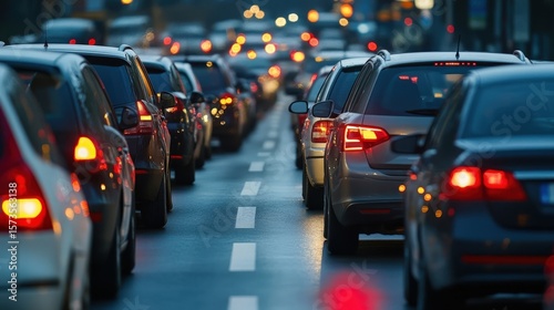 Back tail view of many cars stuck in row at highway road traffic jam warm hot sunny day at southern Europe. Automobile accident vehicle rush hour collapse. Transportation vacation seasonal stuck