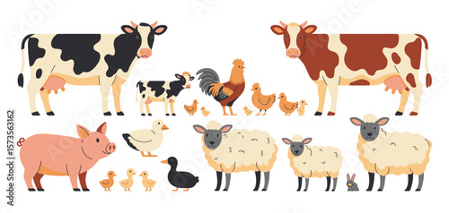 Collection of farm animals including cows pigs sheep chickens ducks and a rooster