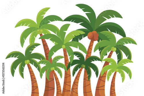 A cluster of stylized green palm trees with brown trunks and some bearing coconuts