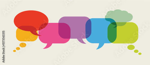 Diverse colorful overlapping speech bubbles representing communication and conversation