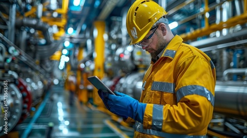 Worker with safety gear in a plant, reading tablet, machinery background