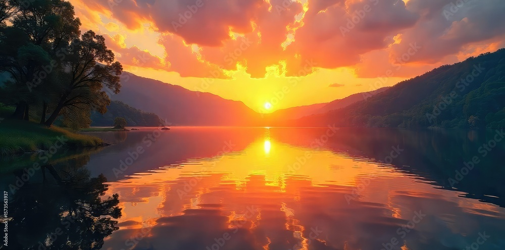 Serene Sunrise over Tranquil Lake Golden Light Reflecting on Peaceful Waters, Inspiring Calm and Joy Serene Sunrise over Tranquil Lake Golden Light Reflecting on Peaceful Waters, Inspiring Calm and Joy