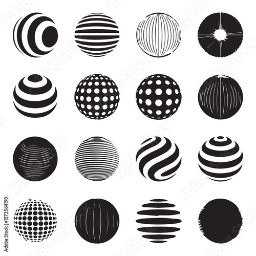 Collection of sixteen abstract black and white spheres with various geometric patterns and textures on a white background