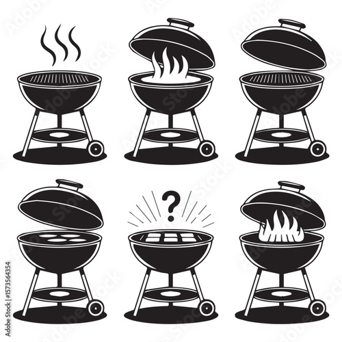Collection of six black and white icons depicting charcoal grills in various states of use and readiness for cooking