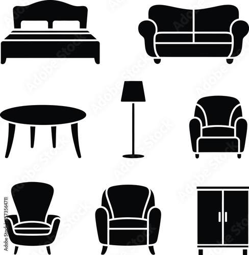 Collection of black silhouette icons representing various furniture pieces for home interiors