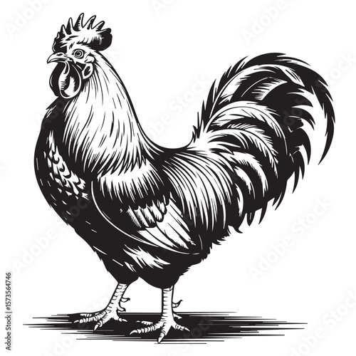 Striking black and white illustration of a proud rooster with detailed feathers and a sharp comb standing on a stylized ground