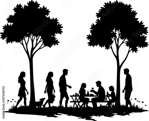 family in the garden, silhouette, tree, couple, family, love, woman, nature, people, child, park, vector, grass, illustration, spring, boy, sunset, summer, father, sky, happiness, kid, garden, walk, l