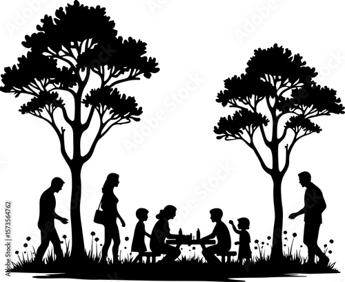 family in the garden, silhouette, tree, couple, family, love, woman, nature, people, child, park, vector, grass, illustration, spring, boy, sunset, summer, father, sky, happiness, kid, garden, walk, l