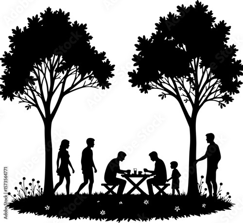 family in the garden, silhouette, tree, couple, family, love, woman, nature, people, child, park, vector, grass, illustration, spring, boy, sunset, summer, father, sky, happiness, kid, garden, walk, l