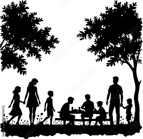 family in the garden, silhouette, tree, couple, family, love, woman, nature, people, child, park, vector, grass, illustration, spring, boy, sunset, summer, father, sky, happiness, kid, garden, walk, l