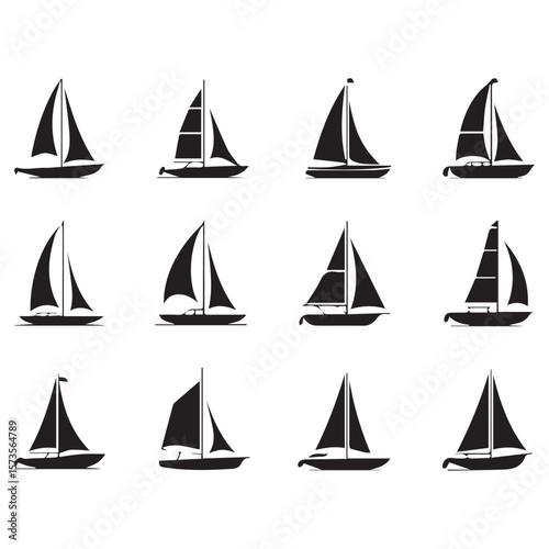 Collection of twelve black silhouette sailboat icons on a white background for nautical themes