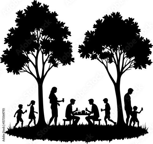 family in the garden, silhouette, tree, couple, family, love, woman, nature, people, child, park, vector, grass, illustration, spring, boy, sunset, summer, father, sky, happiness, kid, garden, walk, l
