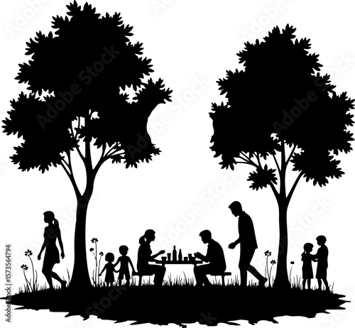 family in the garden, silhouette, tree, couple, family, love, woman, nature, people, child, park, vector, grass, illustration, spring, boy, sunset, summer, father, sky, happiness, kid, garden, walk, l