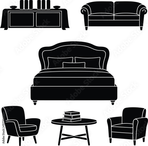 Collection of black silhouette furniture icons including a bed sofa chairs and tables