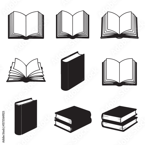 Collection of black and white icons representing open and closed books in various styles