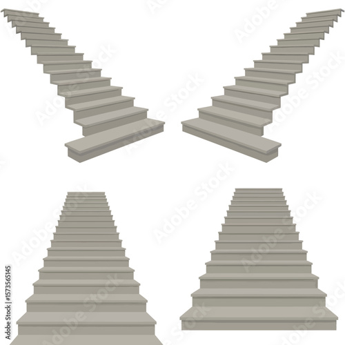 Four sets of simple grey stairs shown from different perspectives on a white background