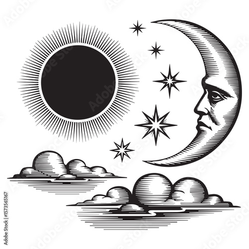 Vintage engraving style sun moon stars and clouds celestial elements in black and white