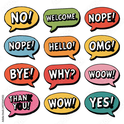 Collection of hand drawn speech bubbles with various words like hello welcome no yes and thank you