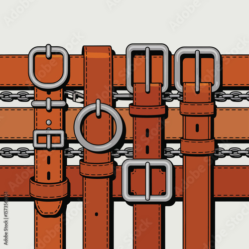 Collection of leather belts with silver buckles and chain details