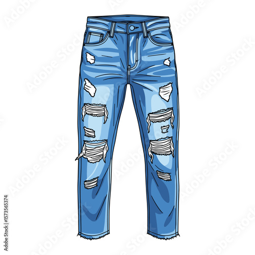 Distressed Denim Jeans Illustration Fashion Apparel Design Trendy Blue Pants Fashionable Clothing