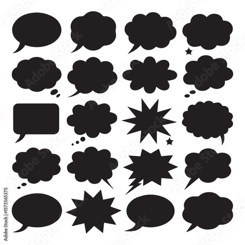 Collection of diverse black speech bubbles and thought clouds with different shapes and styles on a white background