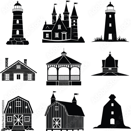 Collection of black silhouette icons featuring lighthouses castles barns gazebos and houses