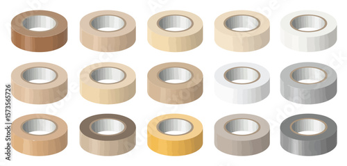 Collection of various colored adhesive tape rolls on a white background