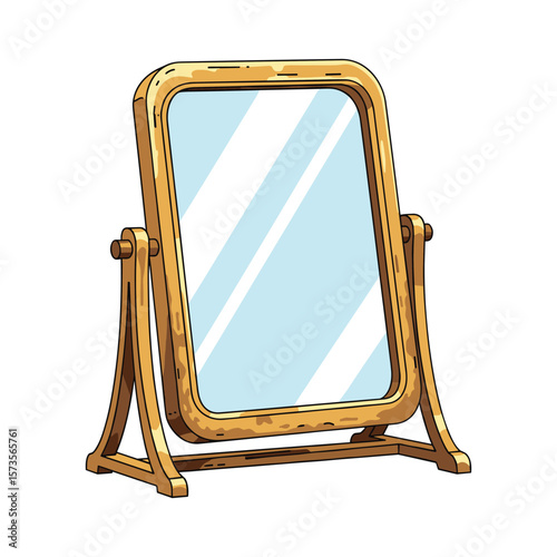 Elegant free standing mirror illustration with golden frame and stand design