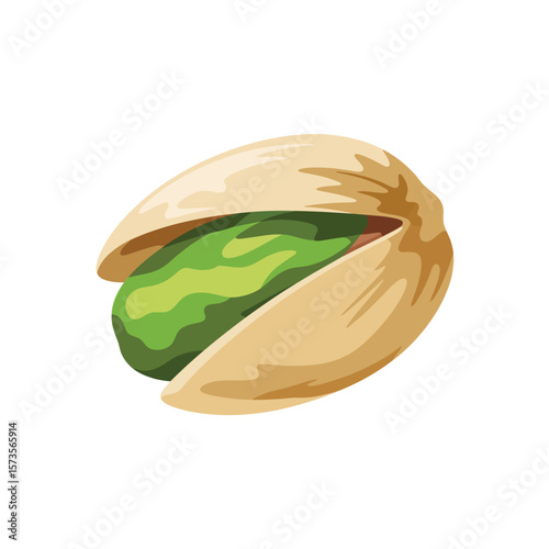 A single green pistachio nut peeking out from its light brown shell