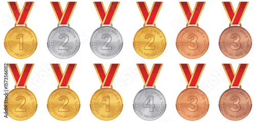 Collection of gold silver and bronze medals with red ribbons for competition awards
