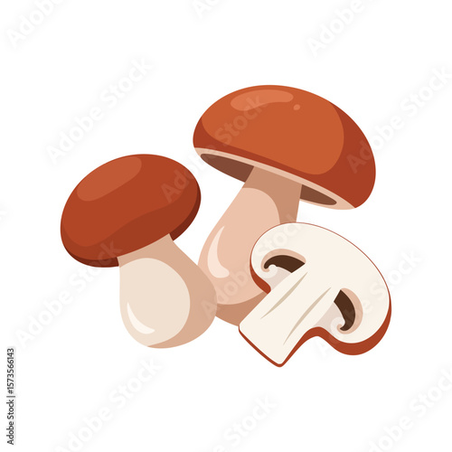 Illustration of three brown mushrooms one sliced in half on a white background