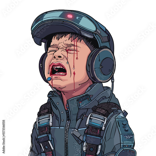 Crying Child in Futuristic Gear with Blood Tears and Distress