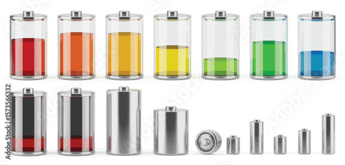 Collection of battery charge indicators in various colors and sizes on a white background