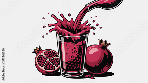 Fresh pomegranate juice being poured into a glass with whole and halved pomegranates