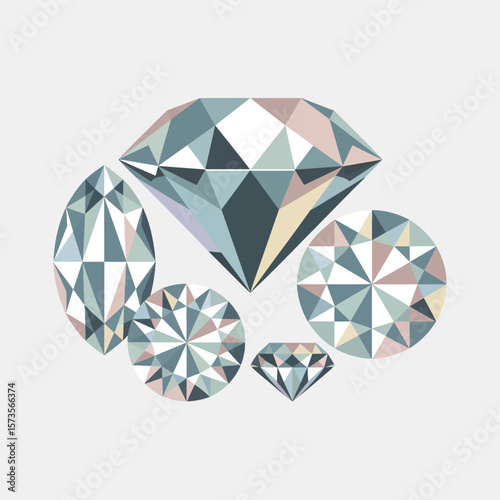 Collection of geometric faceted diamonds in various shapes and sizes