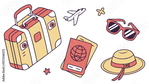 Travel essentials vector art: suitcase, passport, airplane, sunglasses, and summer hat for vacation planning
