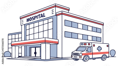 Hospital building with ambulance emergency service healthcare clinic medical facility and patient care illustration