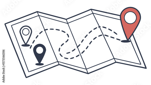 Folded travel map with destination pins and dashed route for navigation and adventure planning icon