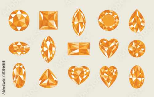 Collection of various orange gemstone cuts and shapes arranged on a light background