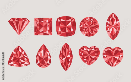 Collection of various red gemstone cuts and shapes arranged on a light background