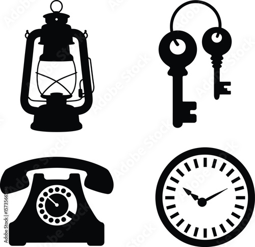 Vintage icons collection featuring a lantern keys rotary phone and clock