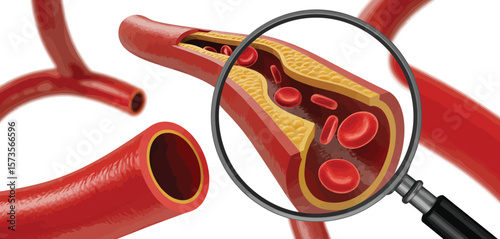 Close up view of blood vessel cross section with red blood cells and artery wall layers