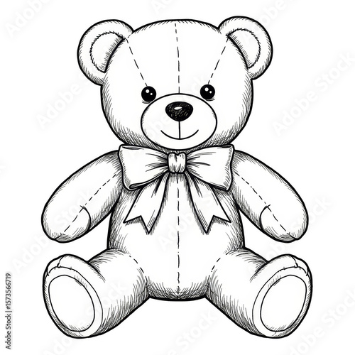Teddy Bear Illustration of a Plush Toy with Bow and Black Outline
