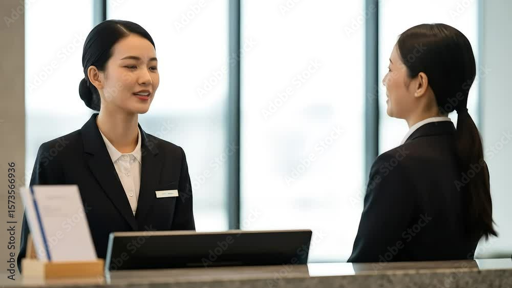 Two Asian Women Receptionists in Black Suits Smiling and Interacting at a Hotel Reception Desk with Daylight and Blurred Background Two Asian Women Receptionists in Black Suits Smiling and Interacting at a Hotel Reception Desk with Daylight and Blurred Background