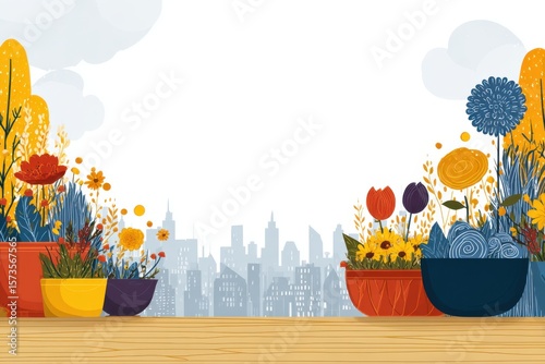 A rustic wooden table adorned with various pots filled with colorful flowers, creating a charming and vibrant display for urban gardening on rooftops.