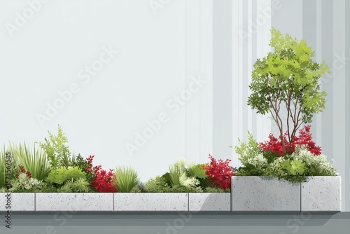 A decorative planter filled with various green plants and colorful flowers, creating a vibrant and lively urban gardening scene on a rooftop.