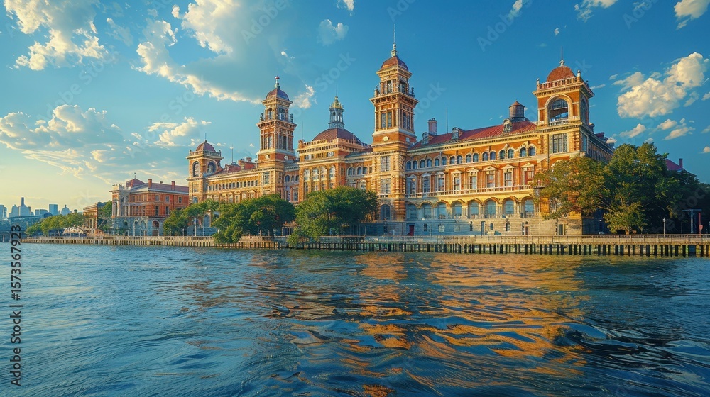 Fototapeta premium Ornate building on waterfront with towers and domes reflects in rippling water under a blue sky with soft clouds
